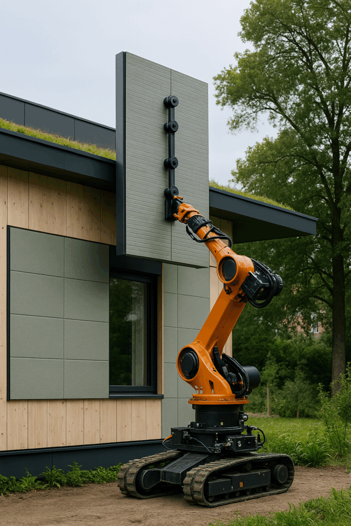 Autonomous Construction: A Robotic arm installing prefabricated items in a residential building.